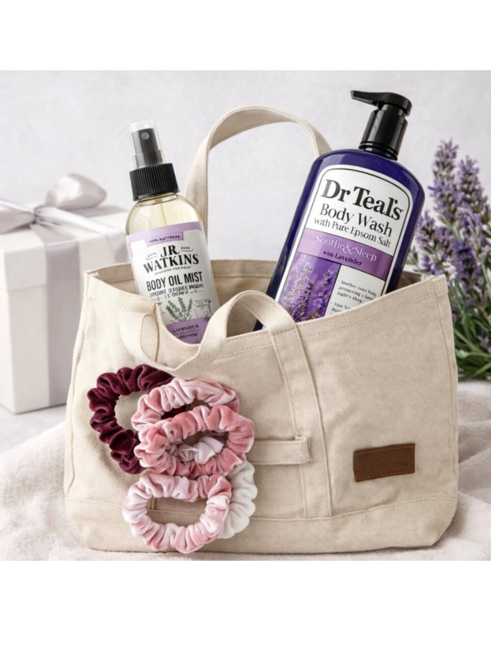 Luxury Lavender Spa Gift Set: Canvas Tote, Nordstrom Scrunchies, Dr Teal’s Body